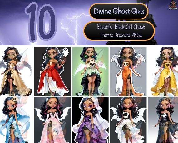 Divine Ghost Girls: 10 Black Girl Ghost Theme Dressed PNGs