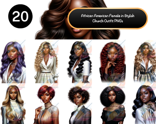 African American Female in Stylish Church Outfit PNGs | 20 Digital Art Designs for Memorials, Crafts, and Faith-Based Projects