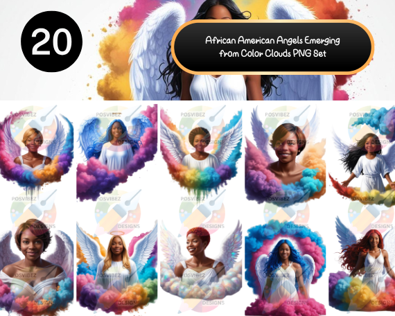 African American Angels Emerging from Color Clouds PNG Set | 20 High-Quality Designs for Keepsakes and Crafts