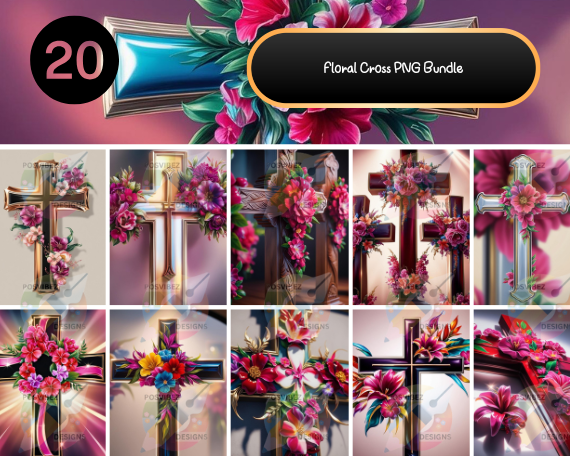 Floral Cross PNG Bundle | 20 High-Quality Designs for Memorial Keepsakes and Crafts