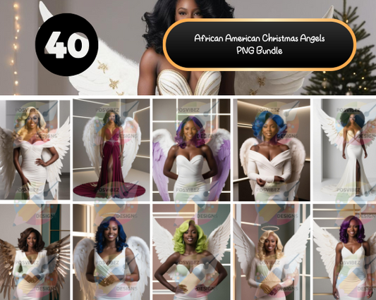 African American Christmas Angels PNG Bundle | 40 Stunning Designs for Festive Keepsakes and Crafts (Backgrounds/Transparent)