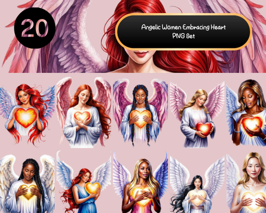 Angelic Women Embracing Heart PNG Set | 20 Winged Designs for Creative Projects