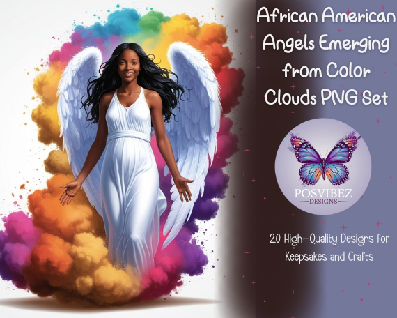 African American Angels Emerging from Color Clouds PNG Set | 20 High-Quality Designs for Keepsakes and Crafts