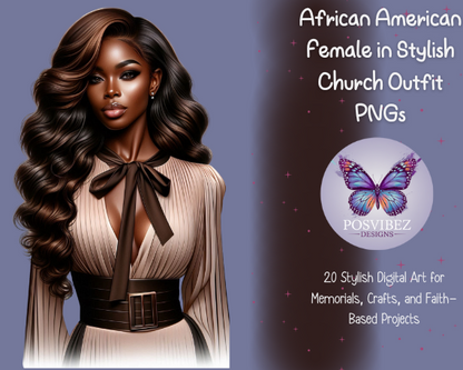 African American Female in Stylish Church Outfit PNGs | 20 Digital Art Designs for Memorials, Crafts, and Faith-Based Projects