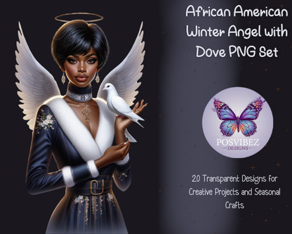 African American Winter Angel with Dove PNG Set | 20 Transparent Designs for Creative Projects and Seasonal Crafts