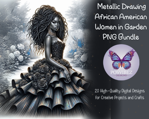 Metallic Drawing African American Women in Garden PNG Bundle | 20 High-Quality Digital Designs for Creative Projects and Crafts