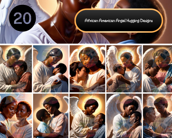 African American Angel Hugging Designs | 20 PNGs for Memorial Art and Tribute Keepsakes