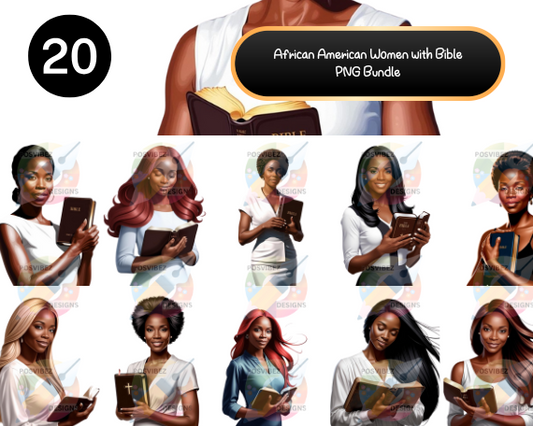 African American Women with Bible PNG Bundle | 20 High-Quality Designs for Memorials and Crafts