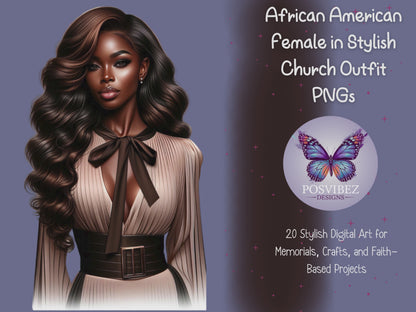 African American Female in Stylish Church Outfit PNGs | 20 Digital Art Designs for Memorials, Crafts, and Faith-Based Projects