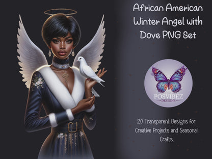 African American Winter Angel with Dove PNG Set | 20 Transparent Designs for Creative Projects and Seasonal Crafts