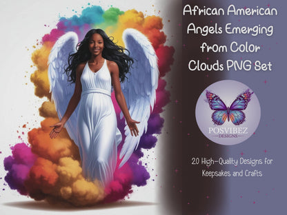 African American Angels Emerging from Color Clouds PNG Set | 20 High-Quality Designs for Keepsakes and Crafts