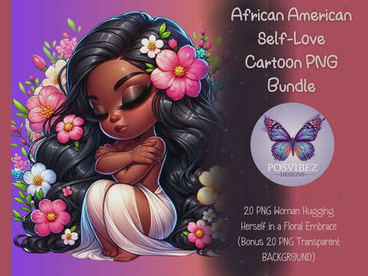 Self-Love African American Cartoon Graphics | 20 PNG Woman Hugging Herself in a Floral Embrace